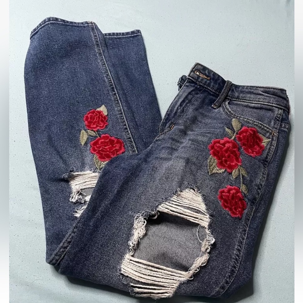 Hollister High Rise Red Floral Embroidered Jeans